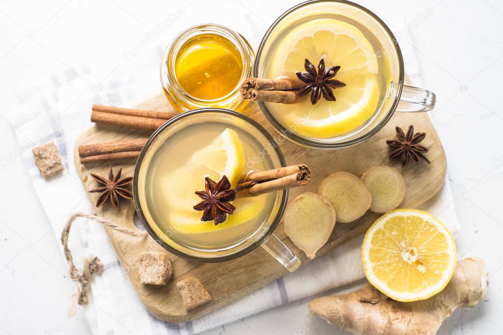 Hot Ginger tea with lemon, honey and spices.