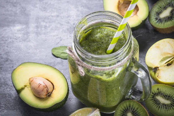 Grüner Smoothie Einmachglas Und Zutaten Gesunde Ernährung Superfoods Entgiftung Ernährung — Stockfoto