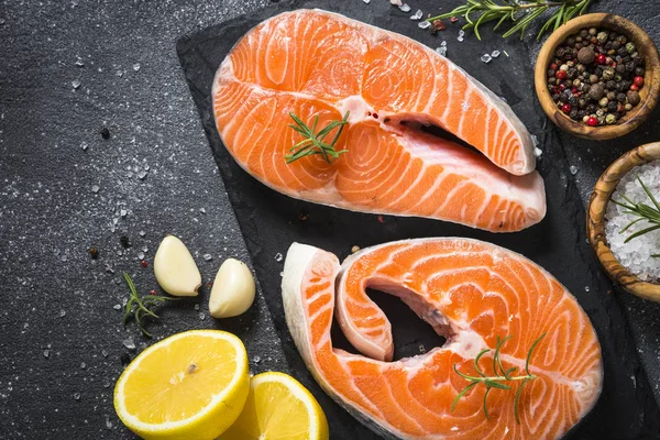 Salmon Steak Raw Fish Prepared Cooking Top View Black Slate — Stock Photo, Image