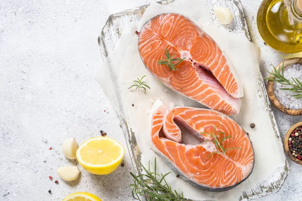 Salmon Steak Raw Fish Prepared Cooking Top View Light Stone — Stock Photo, Image