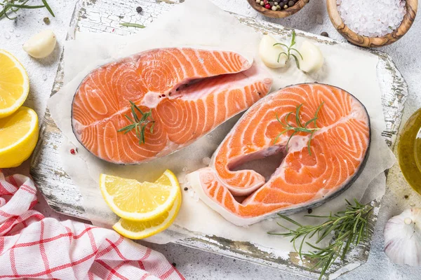 Salmon Steak Raw Fish Prepared Cooking Top View Light Stone — Stock Photo, Image