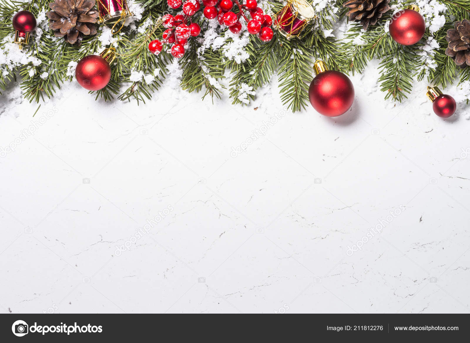 Christmas Background Red Christmas Decorations Snow Fir Tree ...