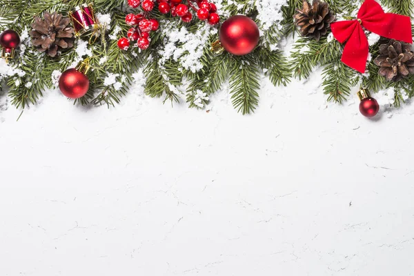 Christmas Background Red Christmas Decorations Snow Fir Tree Branch White — Stock Photo, Image