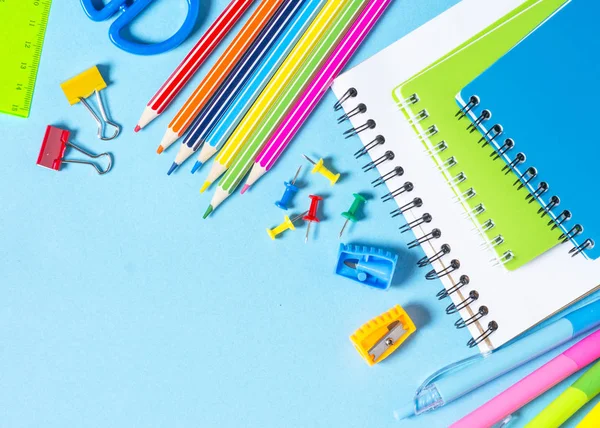 Back School Concept Notebook Notepad Pen Pencils Paper Clips Stuff — Stock Photo, Image