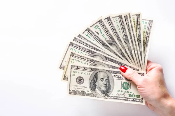 Vrouw Houd Contant Geld Dollars Haar Handen — Stockfoto