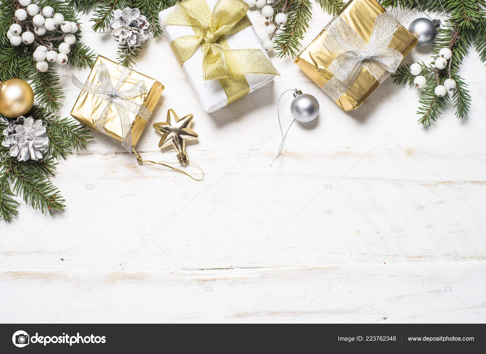 Christmas background with gold and silver decorations on white.  Stock ...