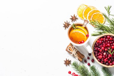 Noel yiyecek veya içecek arka plan üzerinde beyaz flatlay.