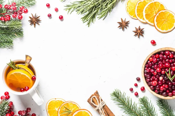 Christmas food or drink background on white flatlay.