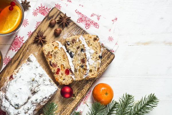 Stollen traditional Christmas ftuitcake with dried fruit and nut — Stock Photo, Image