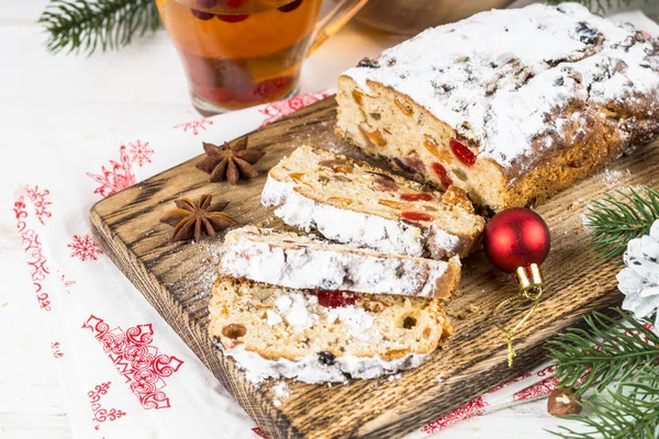 Stollen traditional Christmas ftuitcake with dried fruit and nut — Stock Photo, Image