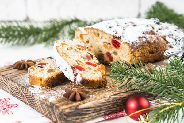 Stollen traditional Christmas ftuitcake with dried fruit and nut — Stock Photo, Image