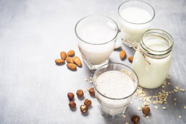 Vegan sigara süt alternatif süt. Hindistan cevizi, badem, fındık, yulaf ev yapımı süt taş masada.