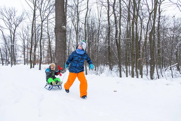 Two Children Boys Playing Outdoor Park Wintertime Family Outdoor Fun — Stock Photo, Image