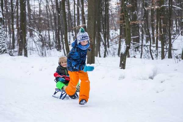 Two children boys playing outdoor in the park. — Stock Photo, Image