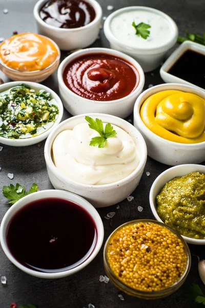 Sauce set assortment - mayonnaise, mustard, ketchup and others.