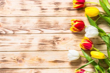 Lale ahşap masa üzerinde. Çiçek arka plan.