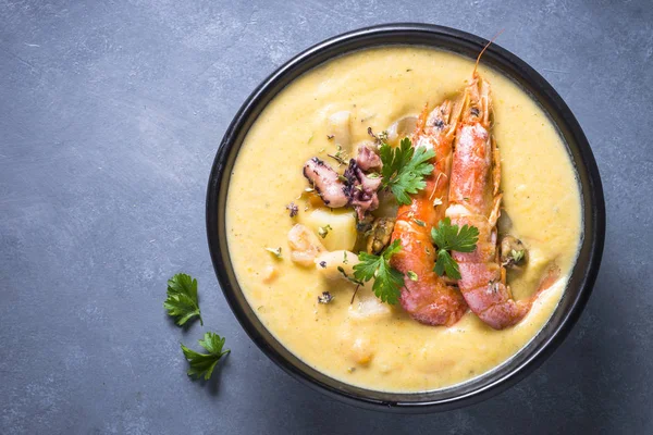 Chowder soup with seafood and prawn shrimps. — Stock Image Chowder soup with seafood and prawn shrimps. Stock Photo