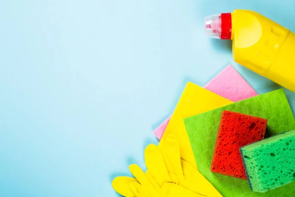 Cleaning product, household on white top view.