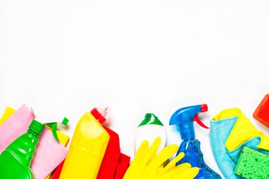 Temizlik ürünü, üzerinde beyaz üstten görünüm ev.