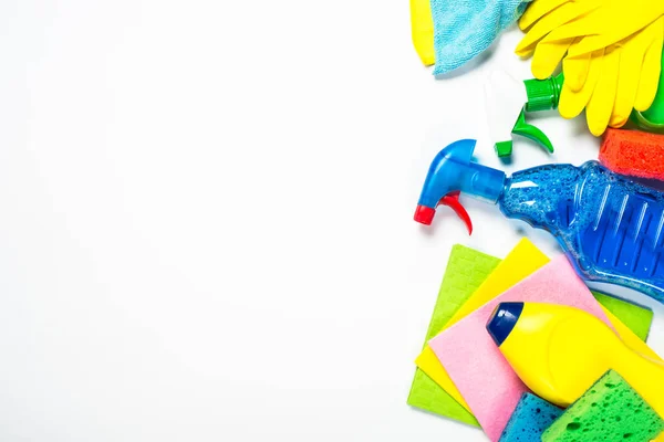 Cleaning product, household on white top view.