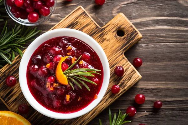 Cranberry sauce in a bowl top view.