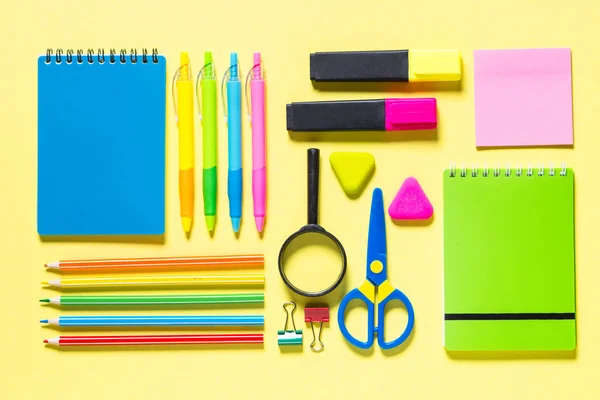 School and office sstationery on yellow background. — Stock Photo, Image