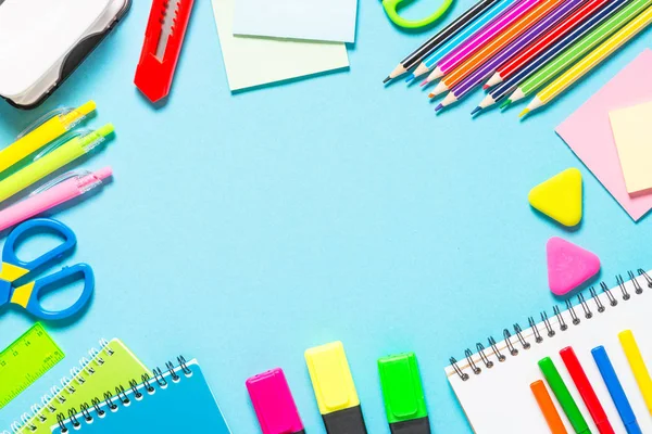 School and office supplies on blue background. — Stock Photo, Image