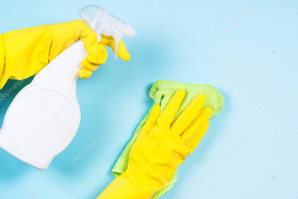 Cleaning concept on blue background.