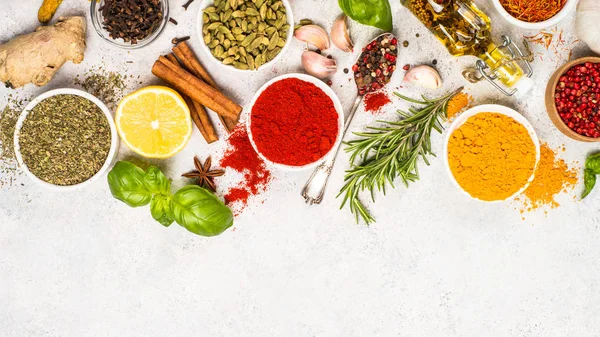 Set of various spices and herbs top view. — Stock Photo, Image