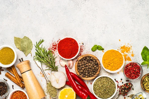 Set of various spices and herbs top view. — Stock Photo, Image