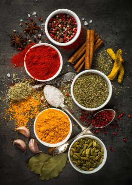 Siyah arka plan üzerinde çeşitli baharatlar seti.