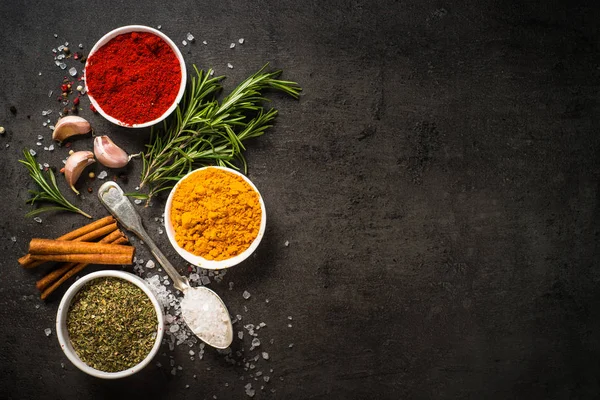 Set of various spices on black background. — Stock Photo, Image