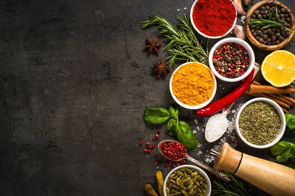 Set of various spices on black background. — Stock Photo, Image