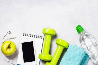 Halter, bant, su ve elma üstten görünüm ölçme.