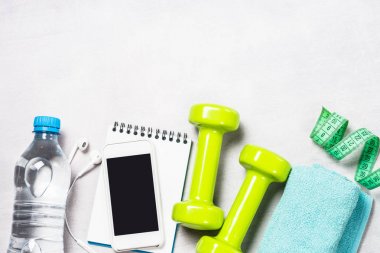 Halter, bant, su ve elma üstten görünüm ölçme.