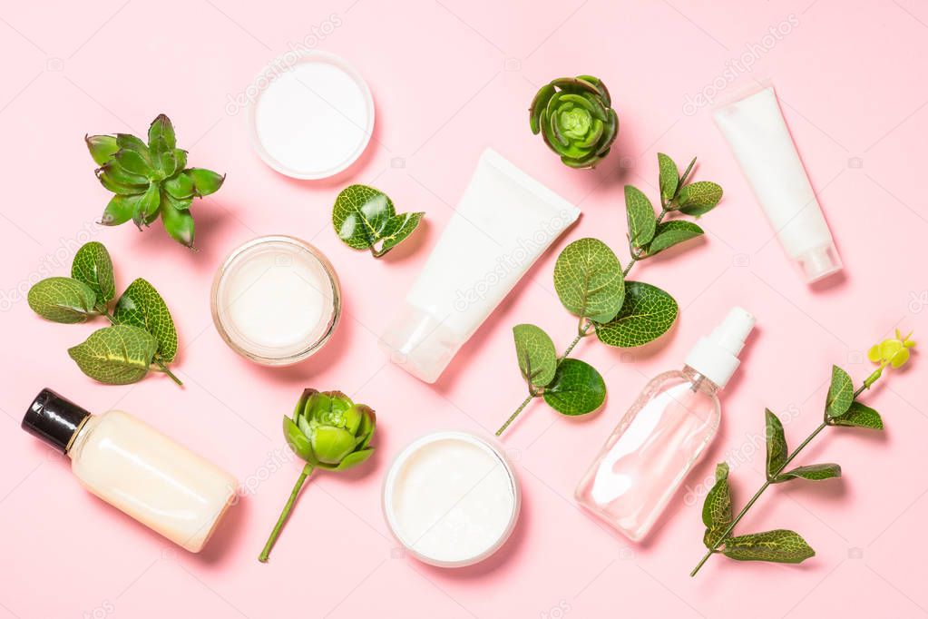 Skin care product, natural cosmetic flat lay.