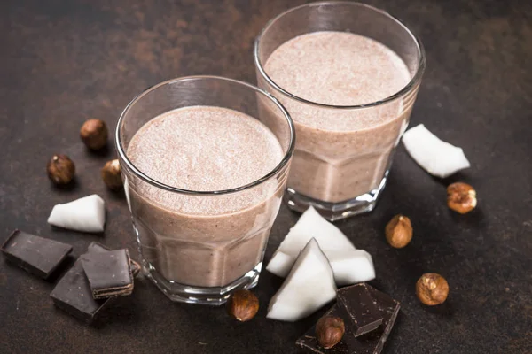 Chocolate coconut hazelnut milkshake or smoothie. — Stock Photo, Image