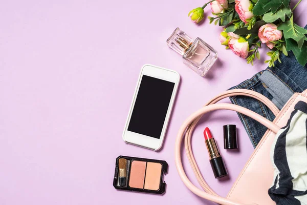 Woman flat lay background with cloth, accerrories and cosmetics. — Stock Photo, Image
