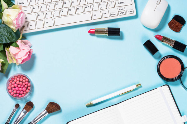 Woman office flat lay freelance background. 