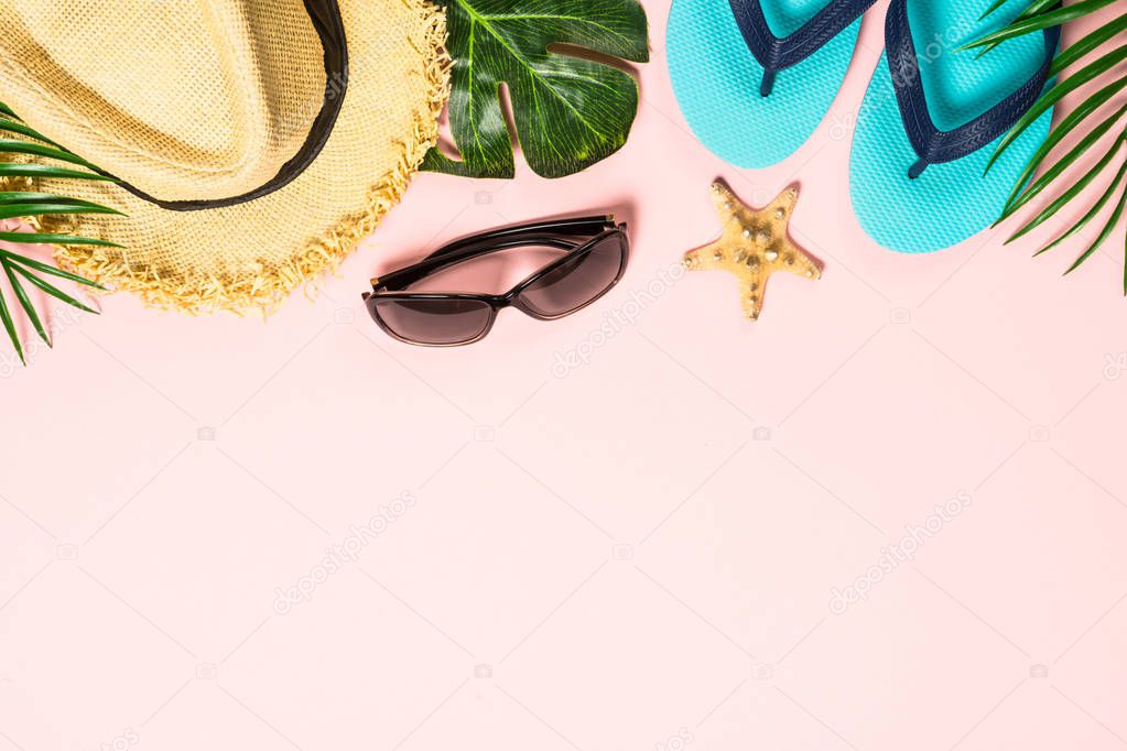 Summer flat lay background. on pink