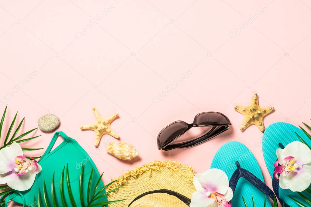 Summer flat lay background. on pink