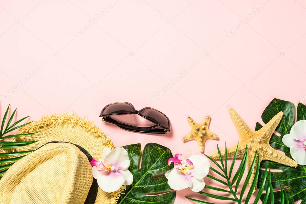 Summer flat lay background. on pink 