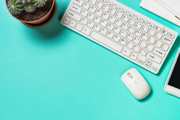 Oficina de trabajo con teclado, bloc de notas, suculenta y pluma — Foto de Stock