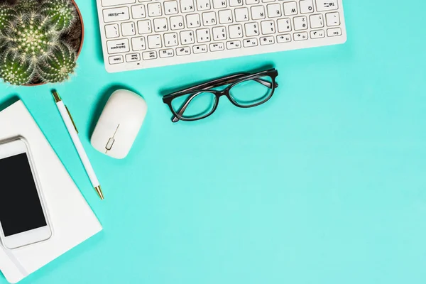 Lieu de travail de bureau avec clavier, bloc-notes, succulent et stylo — Photo