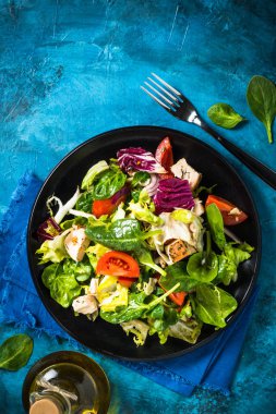 Yeşil salata ile tavuk ve sebze Üstten Görünüm.