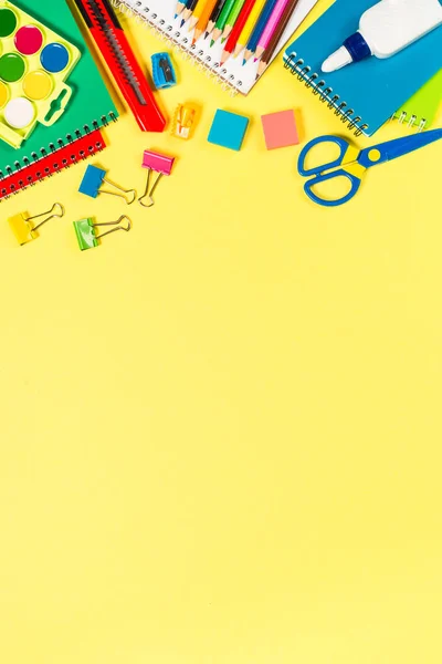 School and office sstationery on yellow background. — Stock Photo, Image