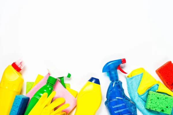 Cleaning product, household on white top view. — Stock Photo, Image