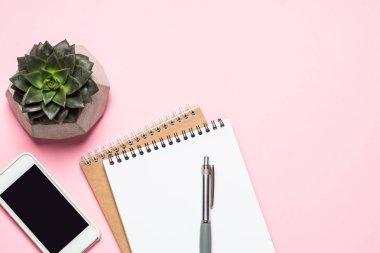 Ev Ofis İşyeri ile akıllı telefon, klavye ve kaktüs üzerinde pembe üstten görünüm.