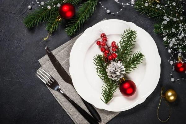 Christmas table setting on black — Stock Photo, Image