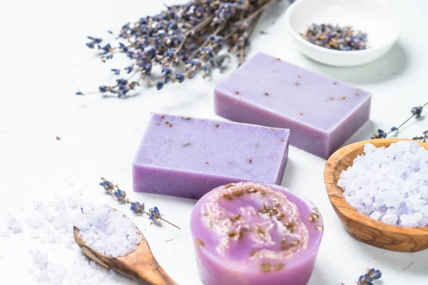 Lavender soap bars on white top view. — Stock Photo, Image